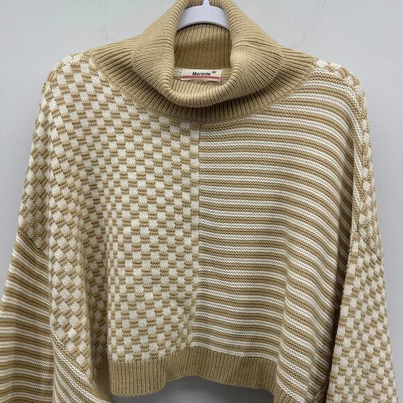 Maronie Camel Cream Checkered Stripe Turtleneck Dolman Sleeve Cropped Sweater‎ - Picture 4 of 7